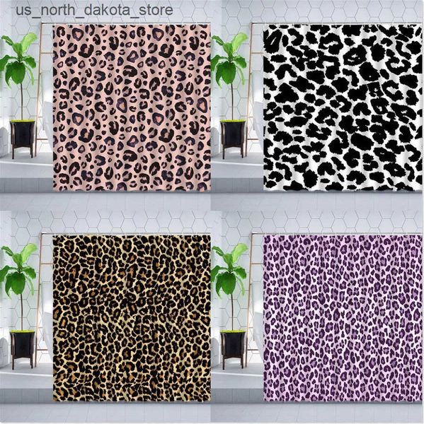 Creative leopard-print shower curtain hooks with black, white, and purple animal texture and modern geometric dots for stylish bathroom decor