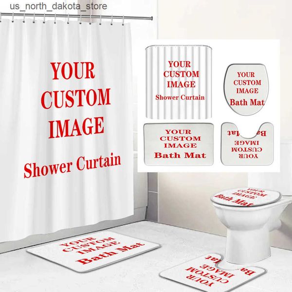 Custom printed polyester shower curtains with matching anti-slip bath mats and toilet seat covers for a coordinated bathroom set