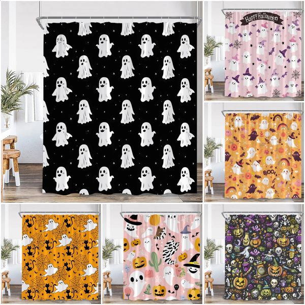 Cute ghost-themed shower curtain with pumpkin lantern design in orange and pink, perfect for kids' Halloween bathroom decor