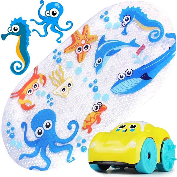 Cute non-slip baby bath mat with suction cups, featuring a soft cartoon design for kids' bathroom safety and comfort