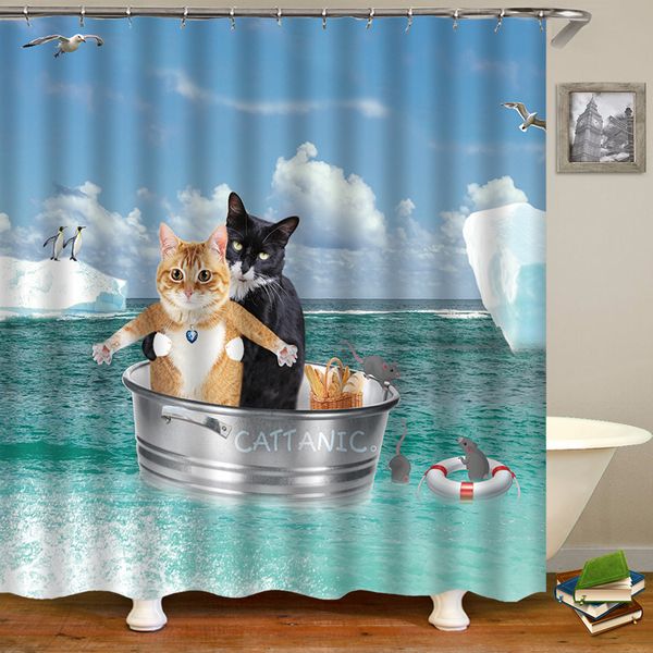Cute waterproof 3D fabric cat shower curtains with hooks for bathrooms