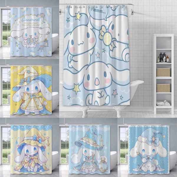 Cute waterproof Cinnamoroll shower curtain with hooks, made of colored polyester fabric for bathrooms