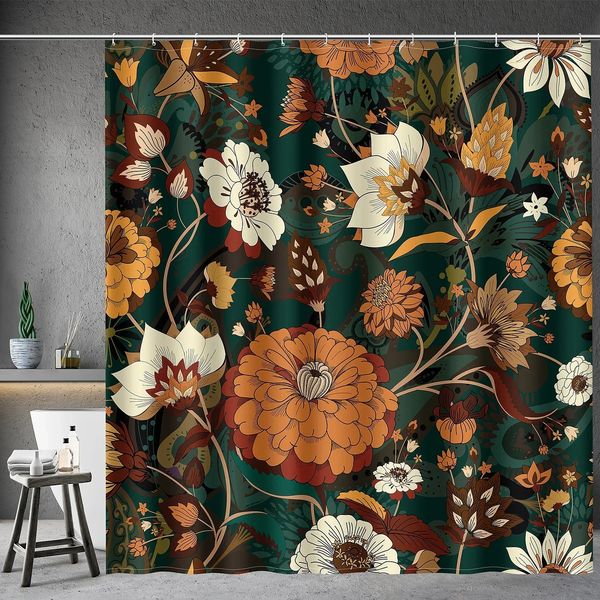 Dark green waterproof polyester shower curtain featuring boho floral and leaf designs, includes 12 hooks, measures 72x72 inches