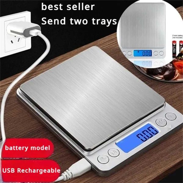 Digital kitchen scale, compact stainless steel design, precise jewelry balance with 0.1g/3000g capacity in gold finish