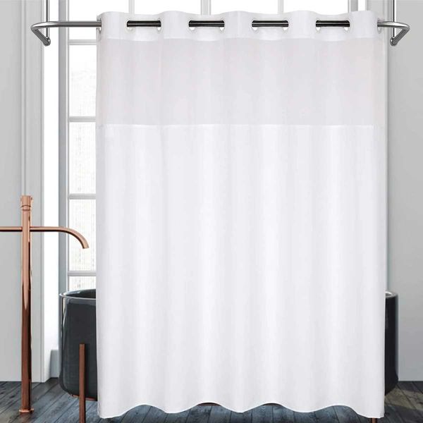 Double-layered shower curtain with 10 large ring hooks, waterproof and decorative, includes snap-in liner, single layer size 180x180cm M240824