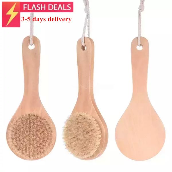 Dry Bath Body Brush with Short Wooden Handle and Natural Bristles for Exfoliating Back Scrub and Massage