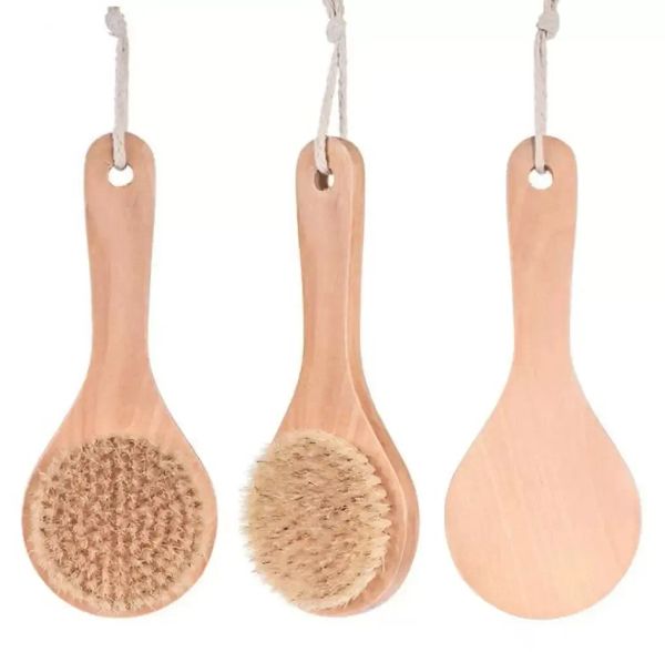 Dry Skin Body Brush with Short Wooden Handle Boar Bristles Shower Scrubber Exfoliating Massager FY5312