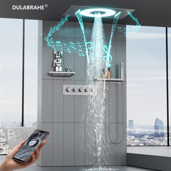 DULABRAHE 2024's new premium 4-function brushed nickel LED shower head, 24x16 inches, with thermostatic faucet set and music feature