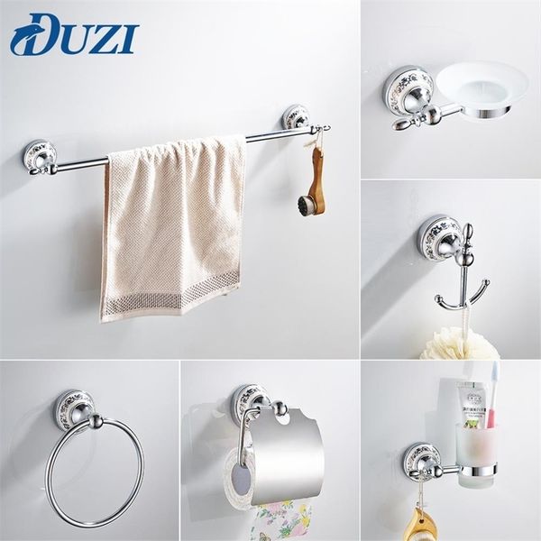 DUZI Bulk Sale Chrome Bathroom Accessories Hardware Set Zinc Alloy Contain Towel Bar Robe Hook Paper Holder Cup Holder Soap Box LJ201209