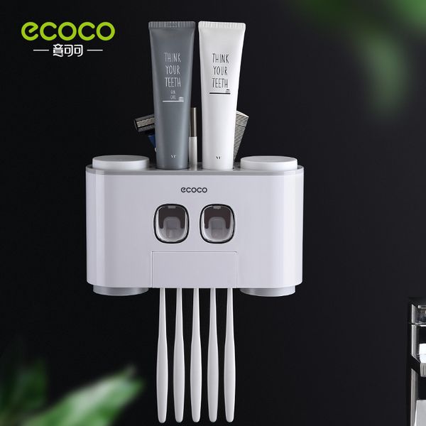 ECOCO Wall-Mounted Automatic Toothpaste Dispenser with 4-Cup Toothbrush Holder for Bathroom Storage