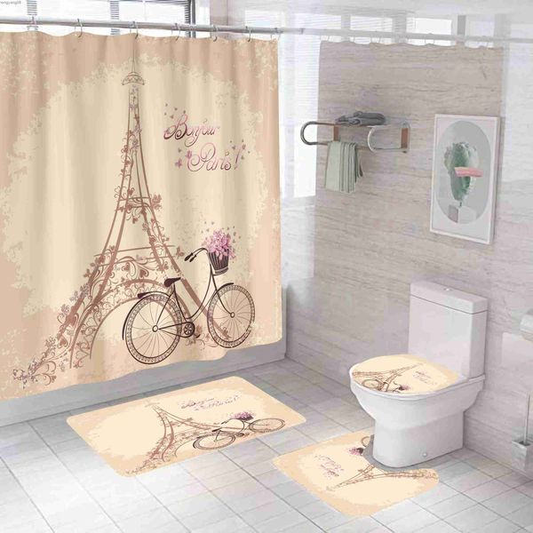 Eiffel Tower Paris-themed waterproof shower curtain set with anti-slip bath mat, rug, and toilet lid cover