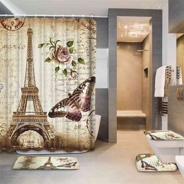 Eiffel Tower-themed waterproof shower curtain set with anti-slip bath mat and toilet cover