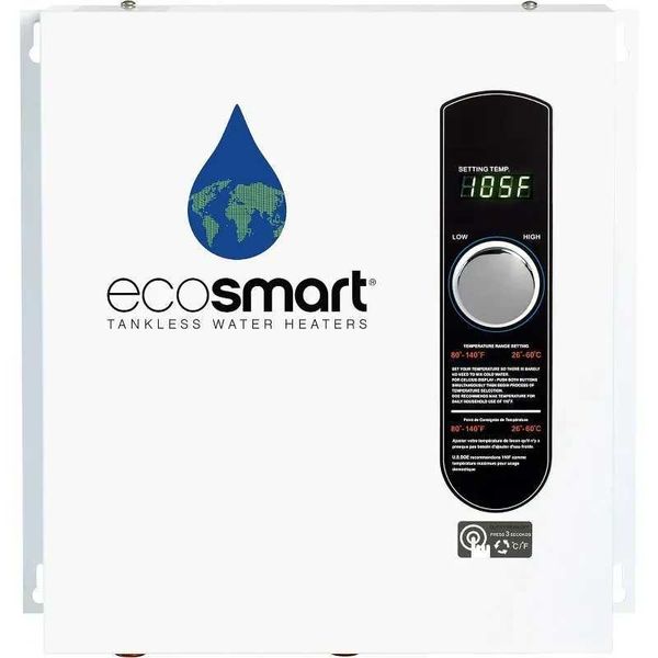Electric 27-kW Tankless Water Heater by EcoSmart, model ECO 27, dimensions 17x17x3.5 inches, single unit