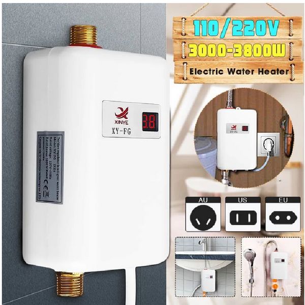 Electric instant water heater for bathroom and kitchen with temperature display, 220V 3800W tankless design