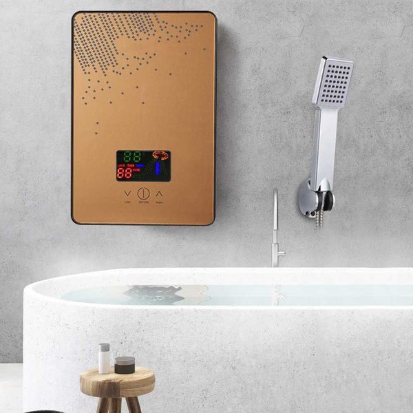 Electric tankless water heater with 4500W power and 110V, featuring instant hot water, thermostat control, stainless steel design for shower and faucet use