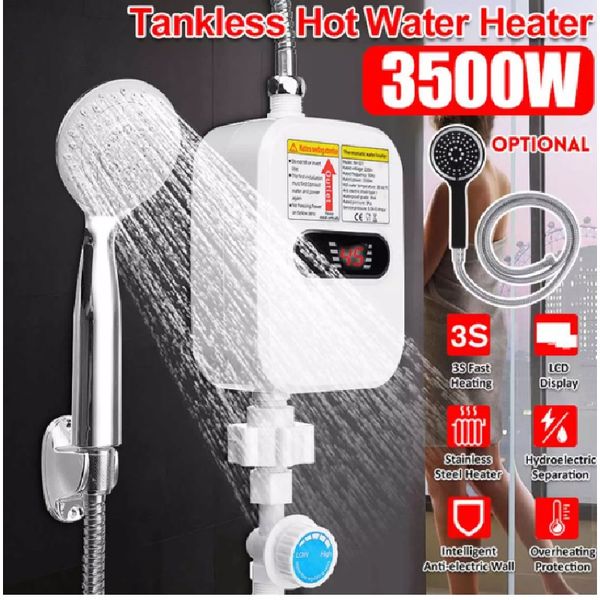 Electric tankless water heater with LCD display, 3500W power, 220V, for household bathroom use including shower head and faucet