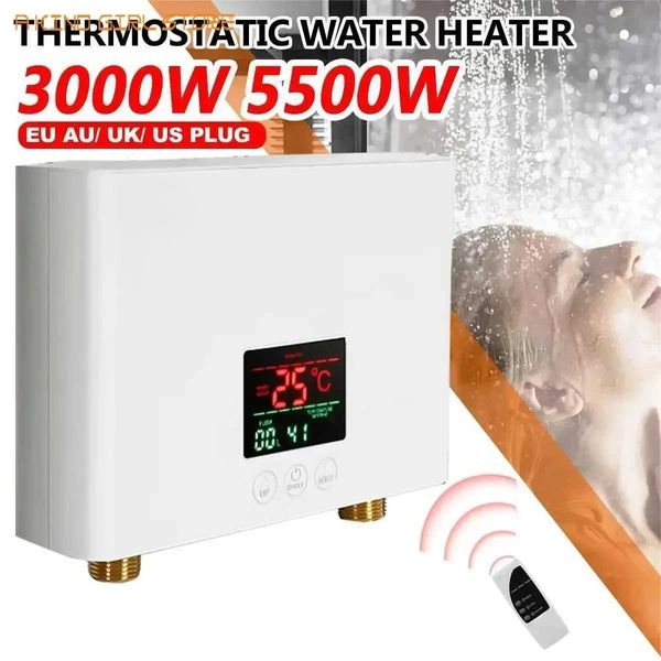 Electric tankless water heaters with 3000W and 5500W options, featuring touch panel remote control for kitchen and bathroom use