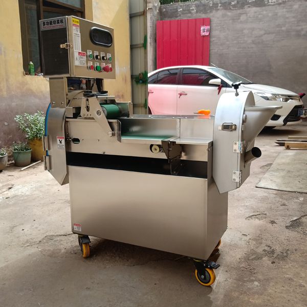 Electric-powered stainless steel slicer for vegetables and fruits, including potatoes, carrots, and tomatoes, available in 220V/380V models