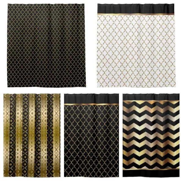 Elegant black and gold chevron-striped shower curtain with hooks, measuring 220cm in length and 240cm in width