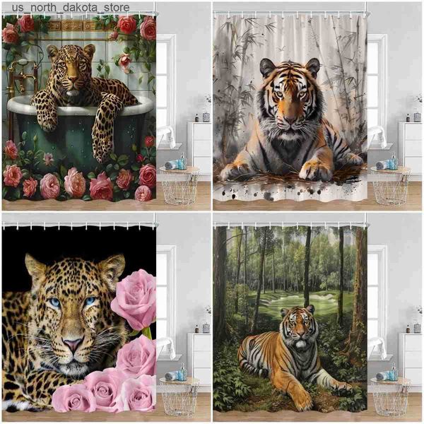 Elegant black panther and tiger forest shower curtain with green Perkins rose flowers for stylish bathroom decor in polyester