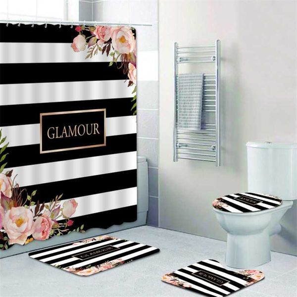 Elegant personalized shower curtain set with black and white stripes and floral design for bathroom decor