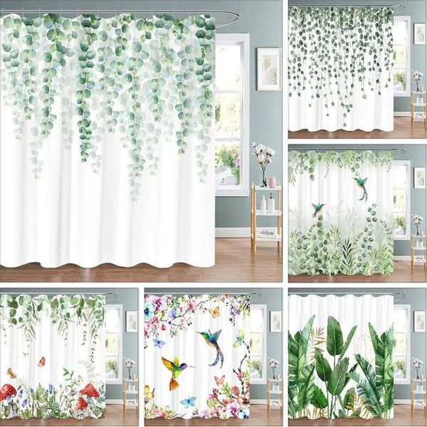 Eucalyptus Leaf Shower Curtain with Tropical Palm Design for Green Bathroom Decor, Washable Polyester Fabric
