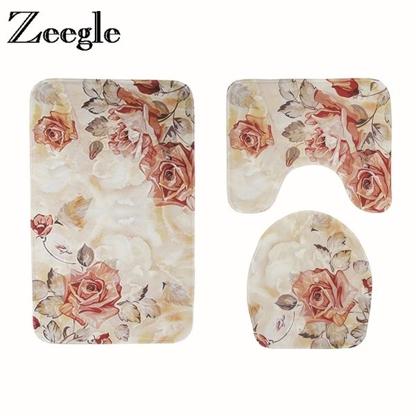 Europe Floral Bath Mat for Shower and Toilet, Non-Slip Absorbent Bathroom Rug Set