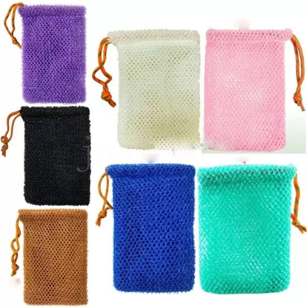 Exfoliating mesh shower scrubber with drawstring for body cleansing and soap storage
