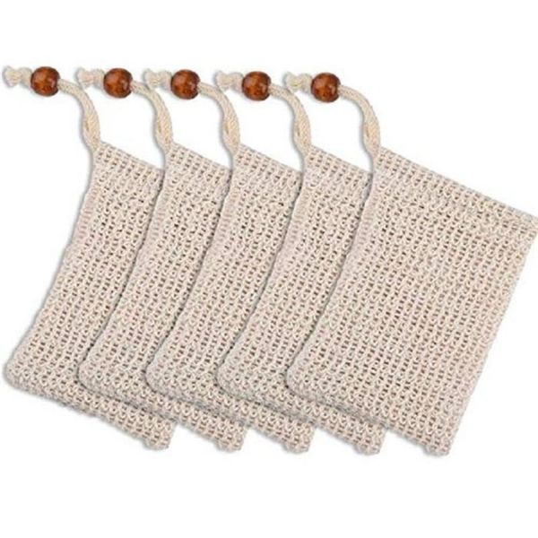 Exfoliating natural brushes and sponges for quick-drying shower use with sisal pouch and mesh soap saver