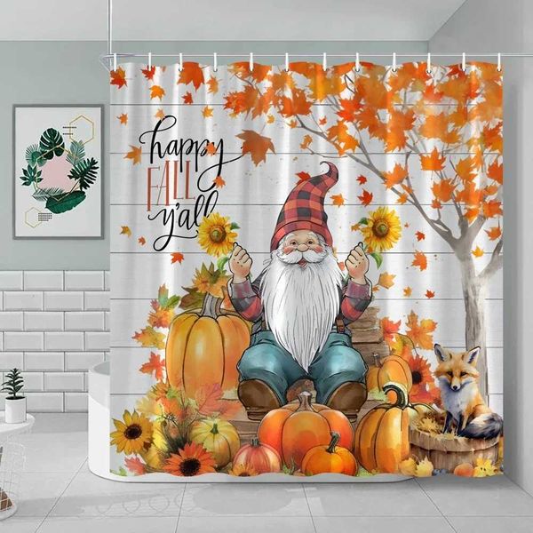 Fall shower curtain featuring pumpkin, sunflower, maple, highland cattle, and cat farm motifs in watercolor plaid design for bathroom decor