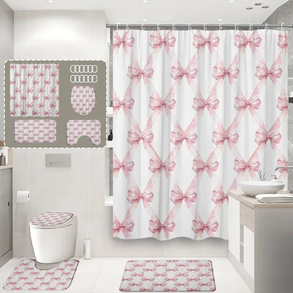 Fantasy bow-themed princess shower curtain, cute modern minimalist checkered set for home bathroom decor, includes toilet lid cover and floor mat