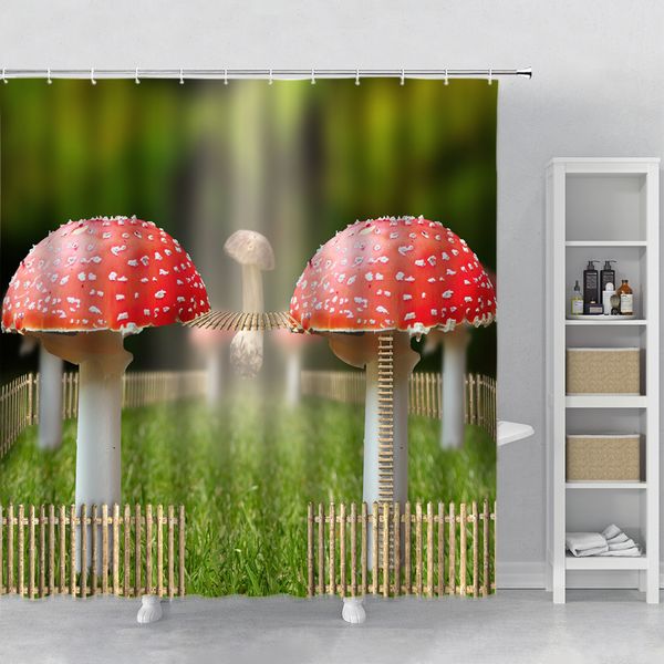 Fantasy shower curtain featuring a river, pond, mushrooms, and jungle trees, made of polyester for bathroom decor