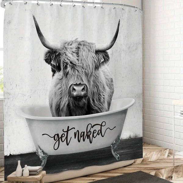 Farmhouse shower curtain featuring a humorous western bull design, perfect for men's bathroom decor