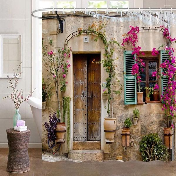 Farmhouse shower curtain featuring Italian green plants and vintage windows, evoking a Mediterranean garden scene from Greece for bathroom decor