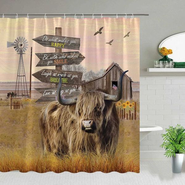 Farm-themed cow shower curtain set featuring highland cows, windmills, and sunflowers for bathroom decor
