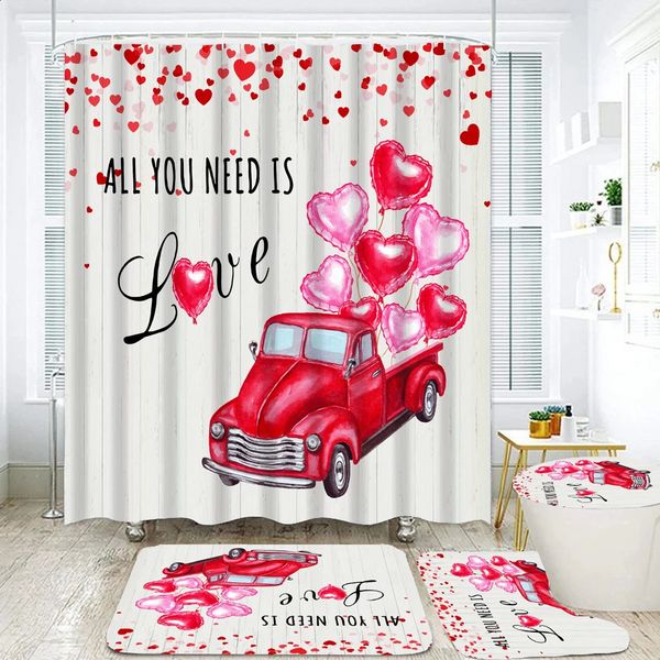 Fashion Car Pink Balloon Shower Curtain Set for Valentine's Day with Romantic Heart Design, Includes Non-Slip Bath Mat and Toilet Cover