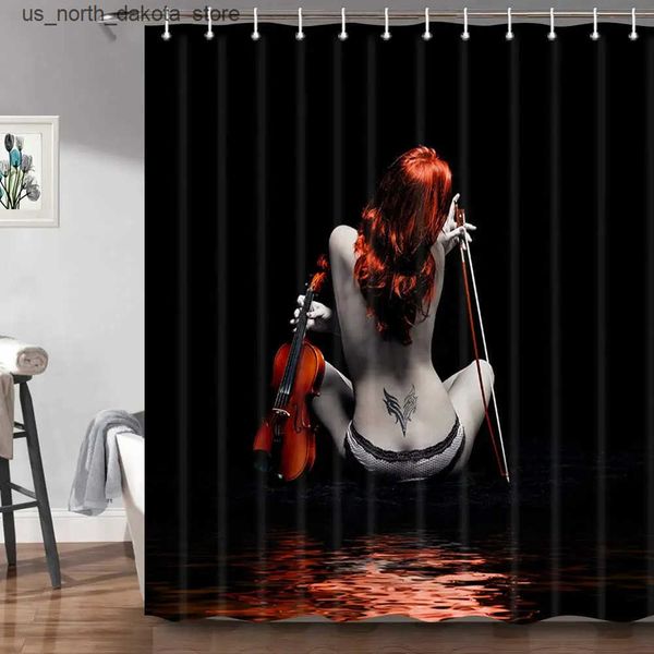 Fashionable and sexy women's bathroom shower curtains featuring a nude tattooed girl with a violin in black, showcasing body art