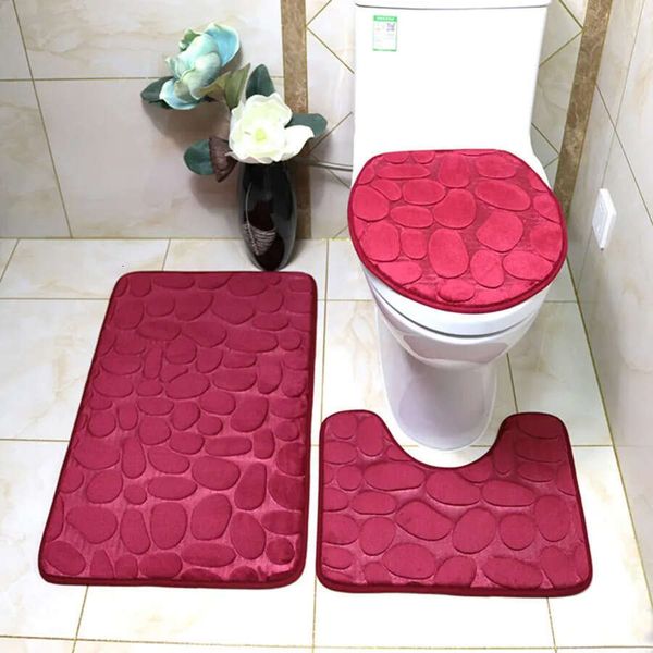 Flannel Anti-Slip Bath Set: 3-Piece Absorbent Cobblestone Mat, Toilet Lid Cover & U-Shaped Contour Foot Pad - Soft Bathroom Rugs