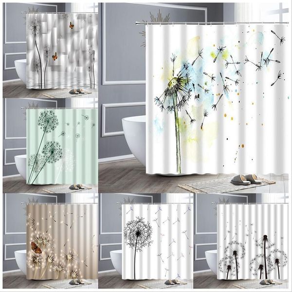 Floral dandelion and butterfly watercolor shower curtain with autumn maple leaves for mid-century bathroom decor
