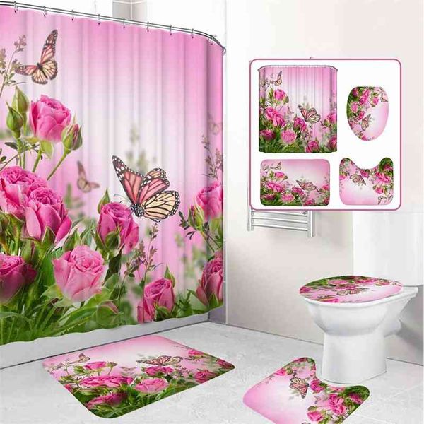 Flower butterfly printed shower curtains for bathroom with pink rose design, includes toilet seat cover, rugs, and non-slip bath mat set