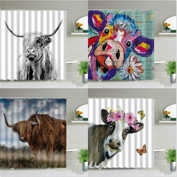 Flower Highland Cow Themed Waterproof 3D Printed Shower Curtain for Farmhouse Bathroom Decor with Hooks