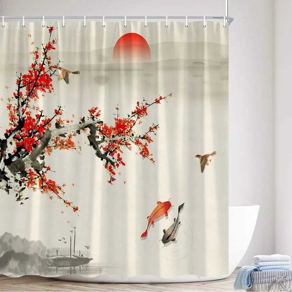 Flower pot shower curtain featuring a bird, red blooms, koi fish, ink plants, and mountain water views for bathroom decor