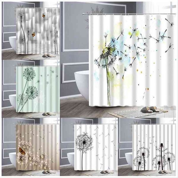 Flower shower curtain featuring dandelions, butterflies, and spring scenery, made of waterproof polyester fabric with hooks for bathroom decor