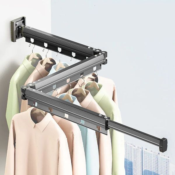 Foldable aluminum telescopic towel rack for wall-mounted clothes drying