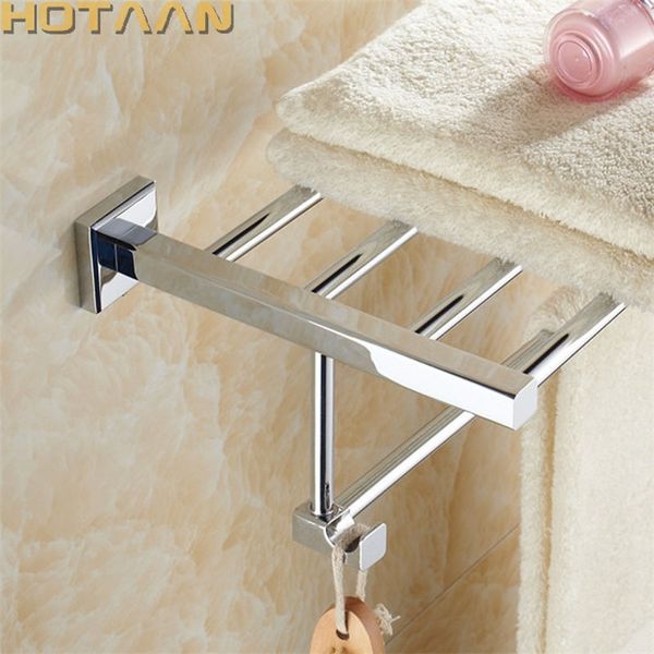 Foldable solid brass towel rack with hooks for bathrooms