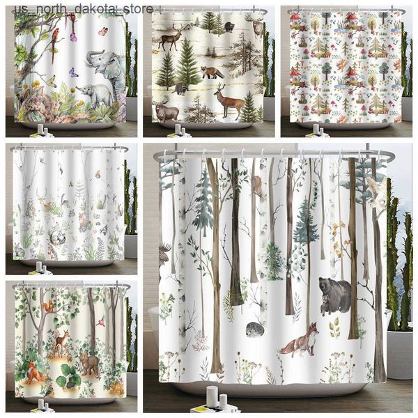 Forest animal shower curtains featuring jungle trees, plants, and wildlife like bears, foxes, and deer in a modern minimalist bathroom design