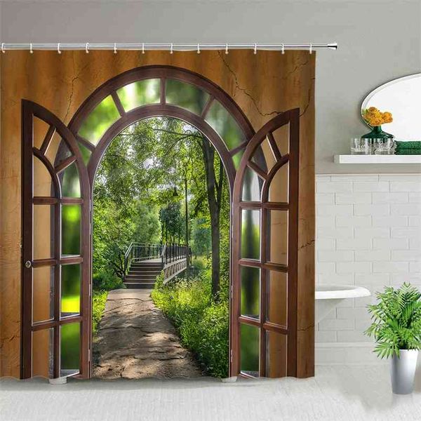 Forest bridge spring view window shower curtain with hooks featuring zen stone tree building scenery