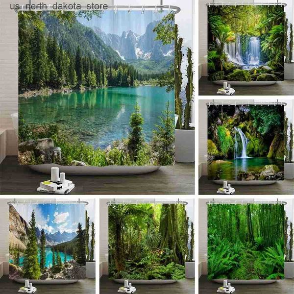 Forest-themed 3D printed shower curtains made of washable polyester fabric with hooks for home bathroom decor