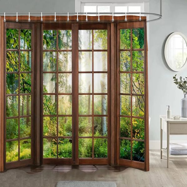 Forest-themed shower curtain with sunlight, green trees, plants, brown windows, and a natural landscape design, made of polyester for bathrooms, includes hooks for hanging