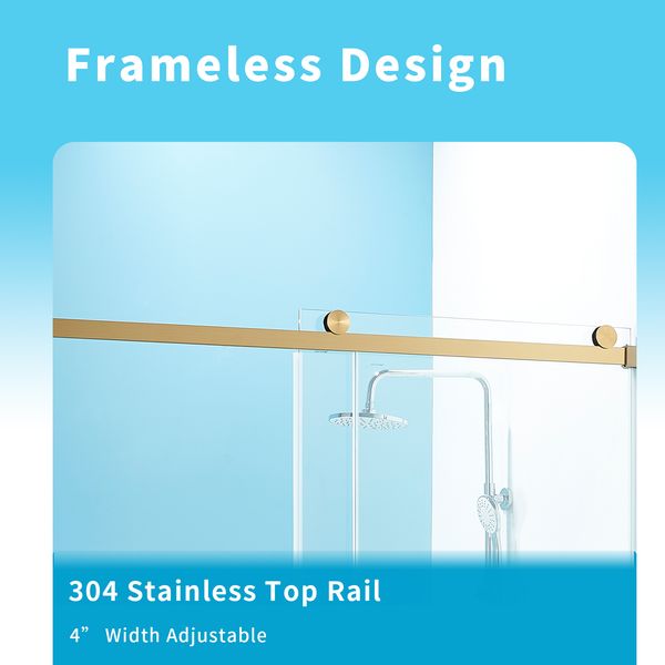 Frameless sliding shower door, 56-60" W x 76" H, reversible installation, clear tempered glass